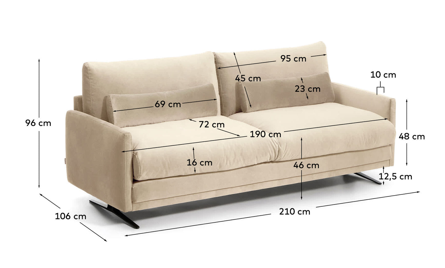 Divano Veliro 2 posti in velluto perla con gambe in acciaio finitura nera 210 cm FSC Mix Credit