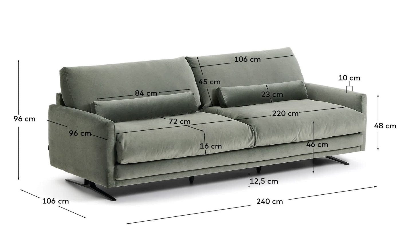 Divano Veliro 3 posti in velluto verde con gambe in acciaio nero 240 cm FSC Mix Credit