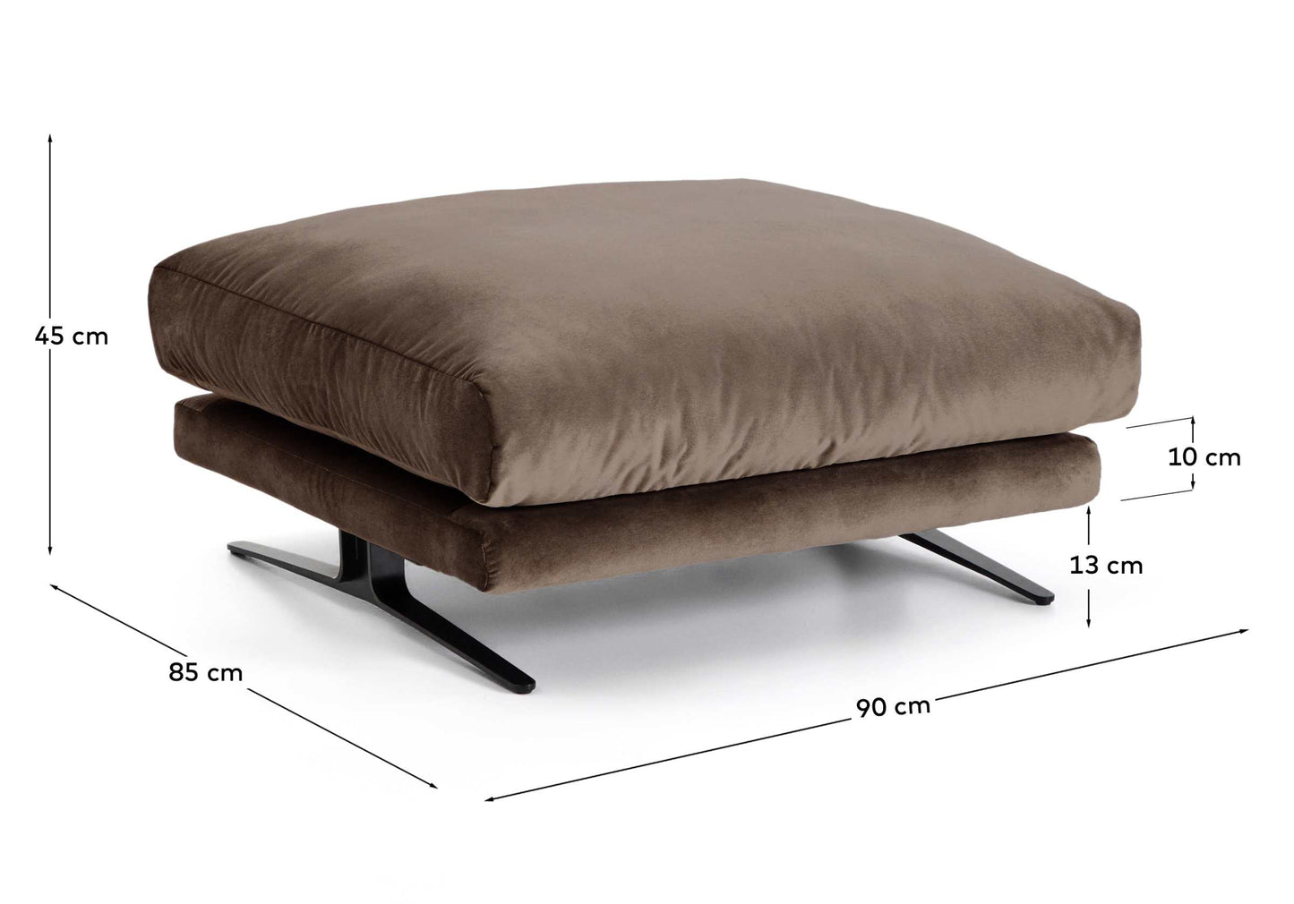 Poggiapiedi Veliro in velluto marrone cioccolato e gambe in acciaio con finitura nera 85 x 90 cm FSC Mix Credit