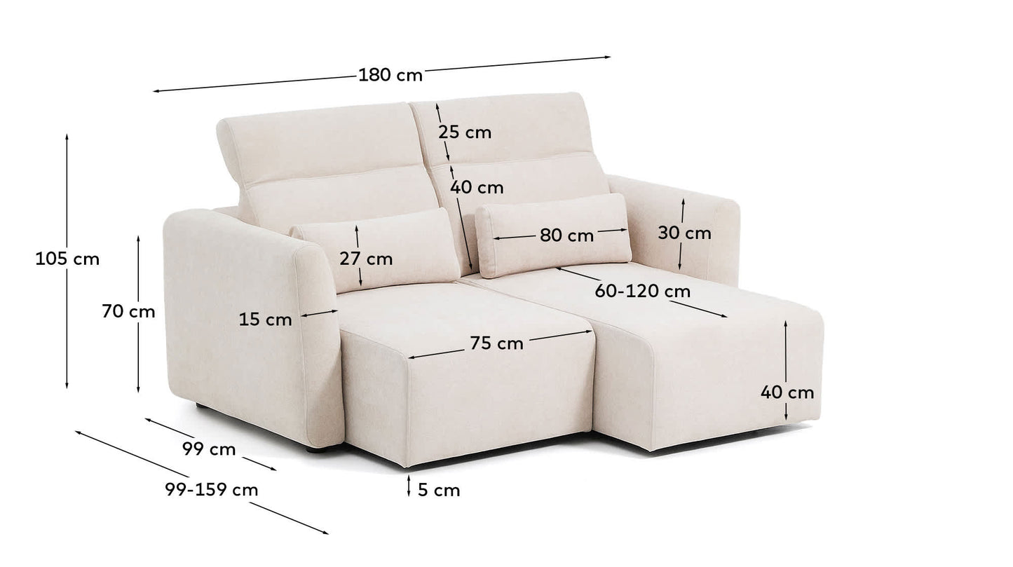 Divano Lares 2 posti con sedute scorrevoli motorizzate e poggiatesta reclinabile in ciniglia beige 180 cm