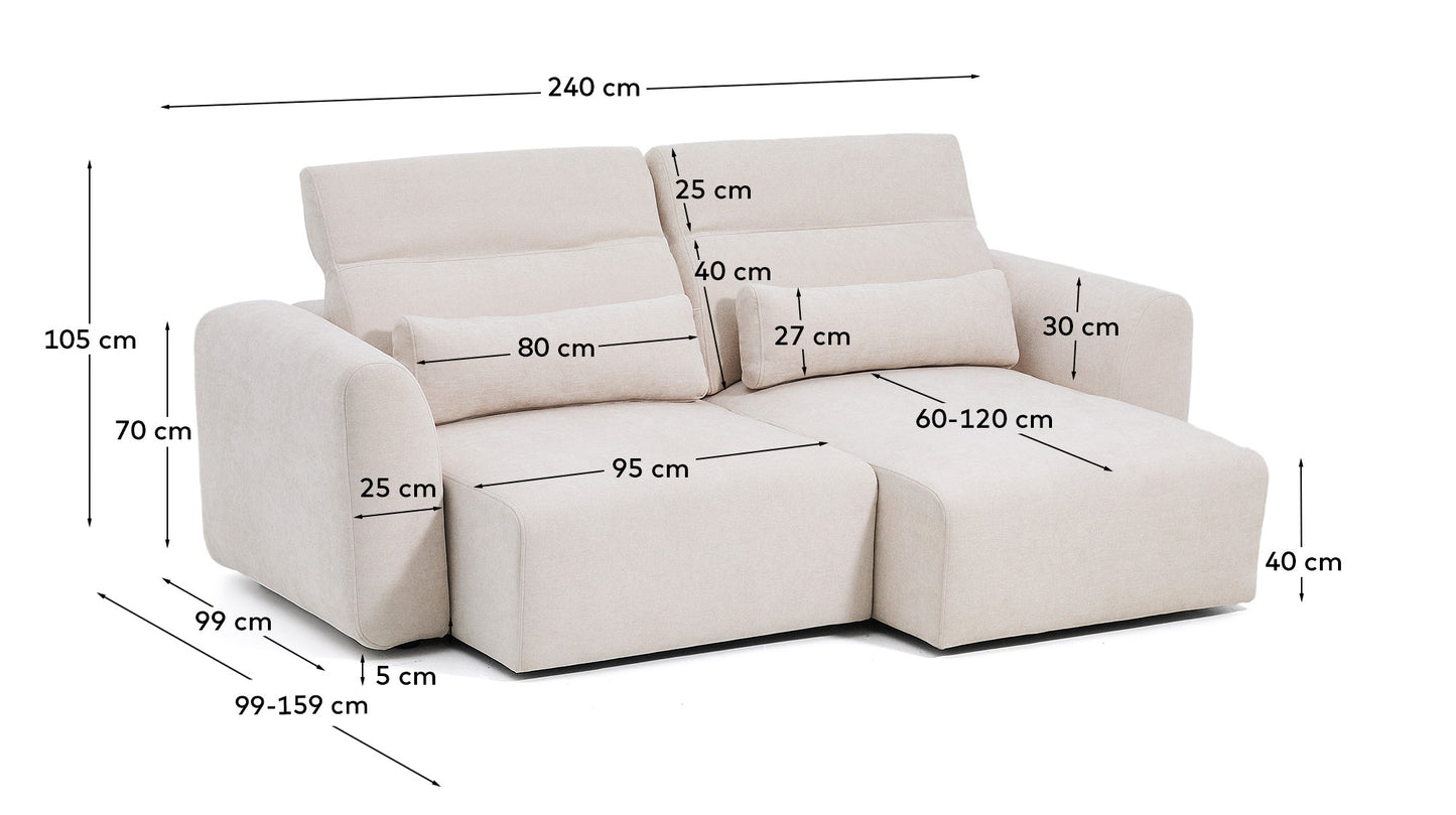Divano Lares 3 posti con sedute scorrevoli motorizzate e poggiatesta reclinabile in ciniglia beige 240 cm