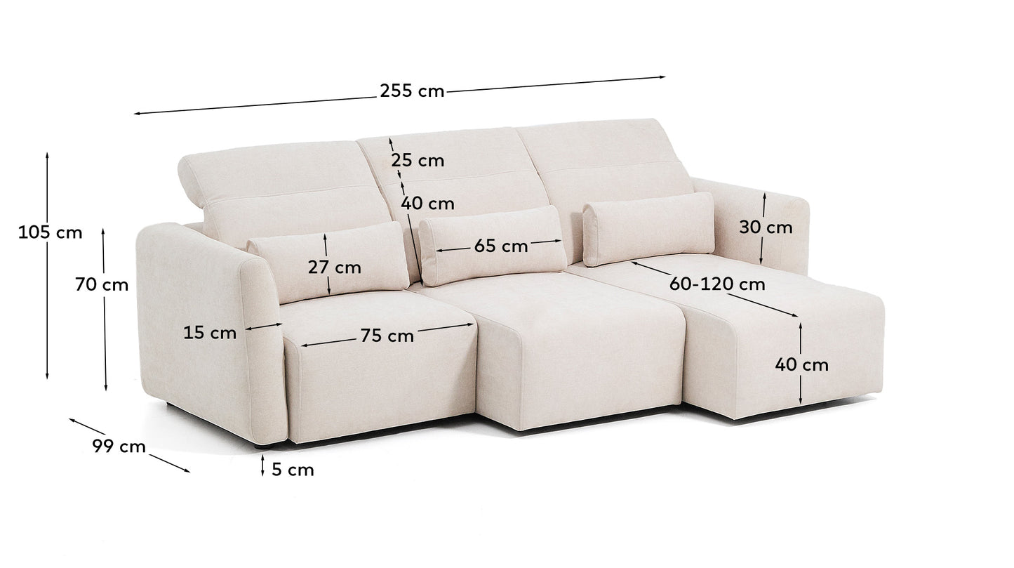 Divano Lares 3 posti con sedute scorrevoli motorizzate e poggiatesta reclinabile in ciniglia beige 255 cm