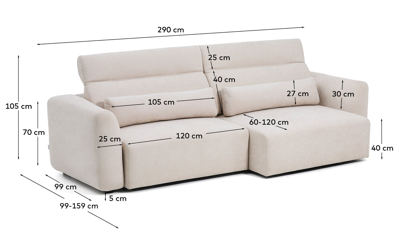 Divano Lares 4 posti con sedute scorrevoli motorizzate e poggiatesta reclinabile in ciniglia beige 290 cm