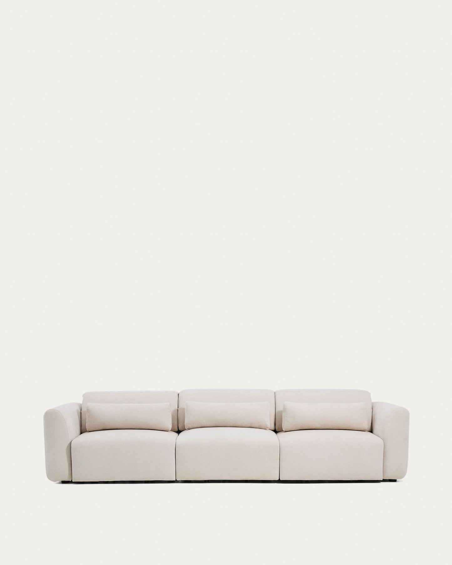 Divano Lares 5 posti con sedute scorrevoli motorizzate e poggiatesta reclinabile in ciniglia beige 335 cm