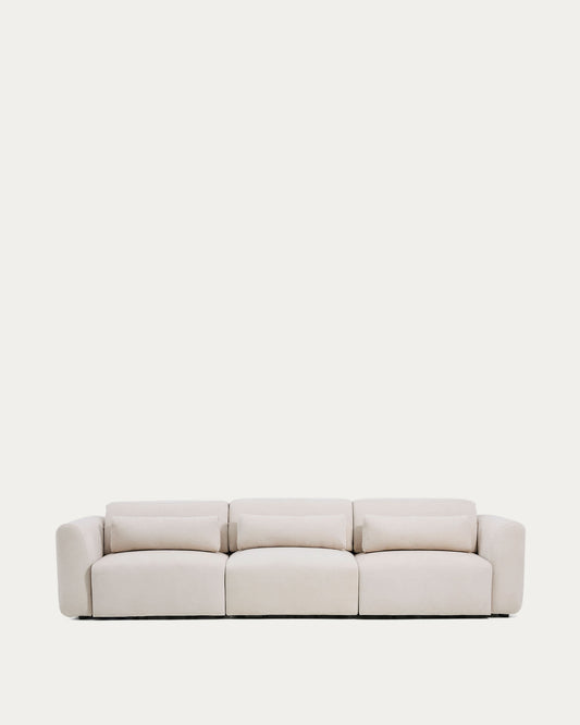 Divano Lares 5 posti con sedute scorrevoli motorizzate e poggiatesta reclinabile in ciniglia beige 335 cm