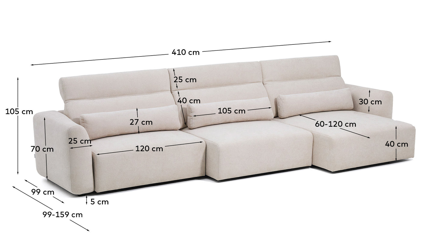Divano Lares 6 posti con sedute scorrevoli motorizzate e poggiatesta reclinabile in ciniglia beige 410 cm
