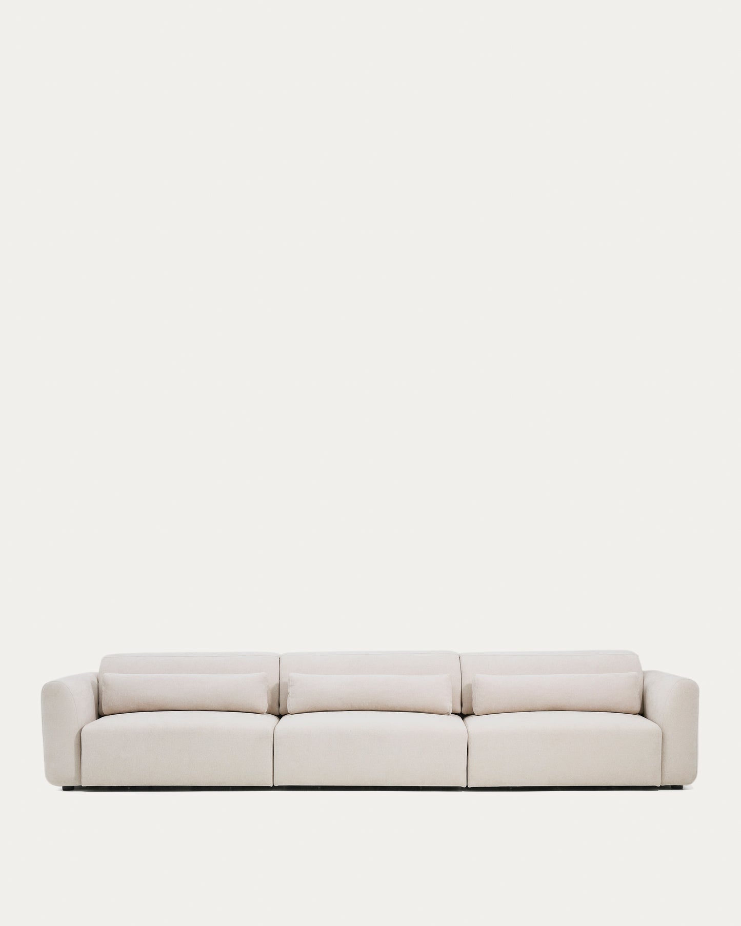 Divano Lares 6 posti con sedute scorrevoli motorizzate e poggiatesta reclinabile in ciniglia beige 410 cm