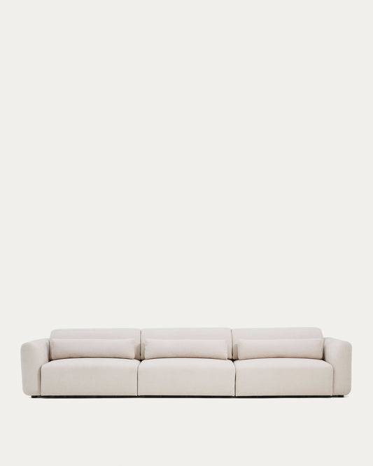 Divano Lares 6 posti con sedute scorrevoli motorizzate e poggiatesta reclinabile in ciniglia beige 410 cm