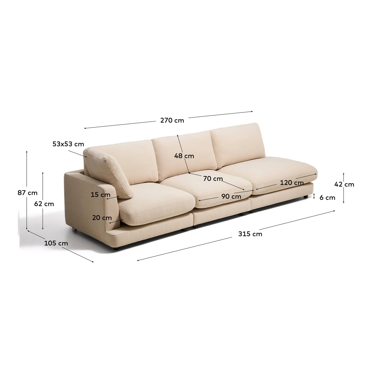 Divano modulare Gala 4 posti con modulo terminale destro in ciniglia beige FSC Mix Credit 315 cm