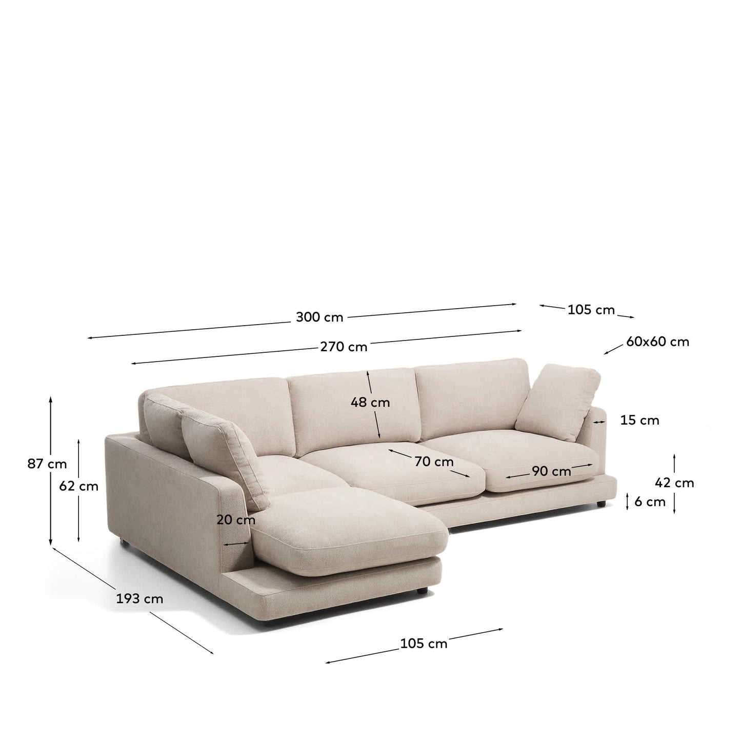 Divano Gala 4 posti in micro bouclé con chaise longue sinistra beige FSC Mix Credit 300 cm