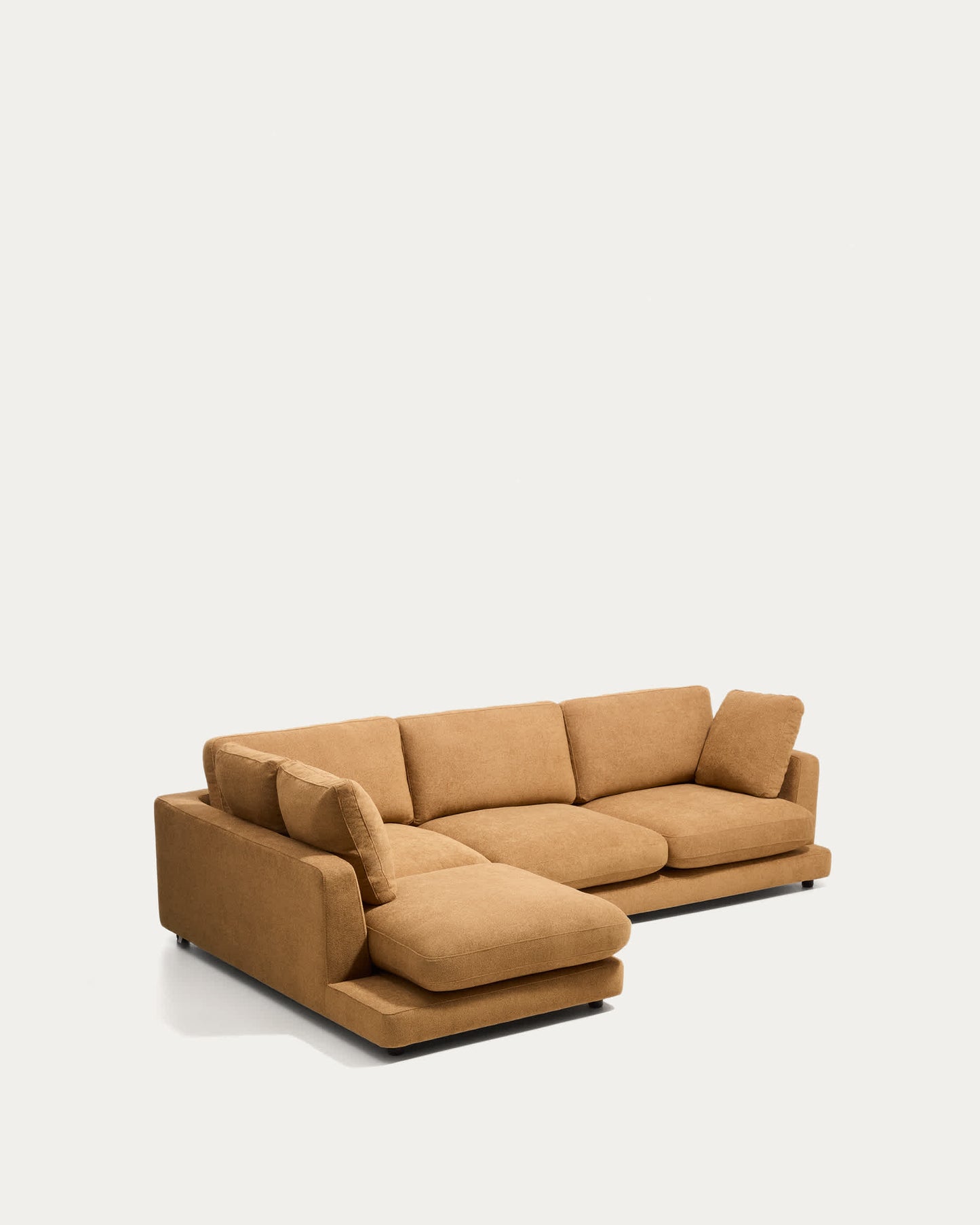 Divano Gala 4 posti in micro bouclé con chaise longue sinistra, color senape FSC Mix Credit 300 cm