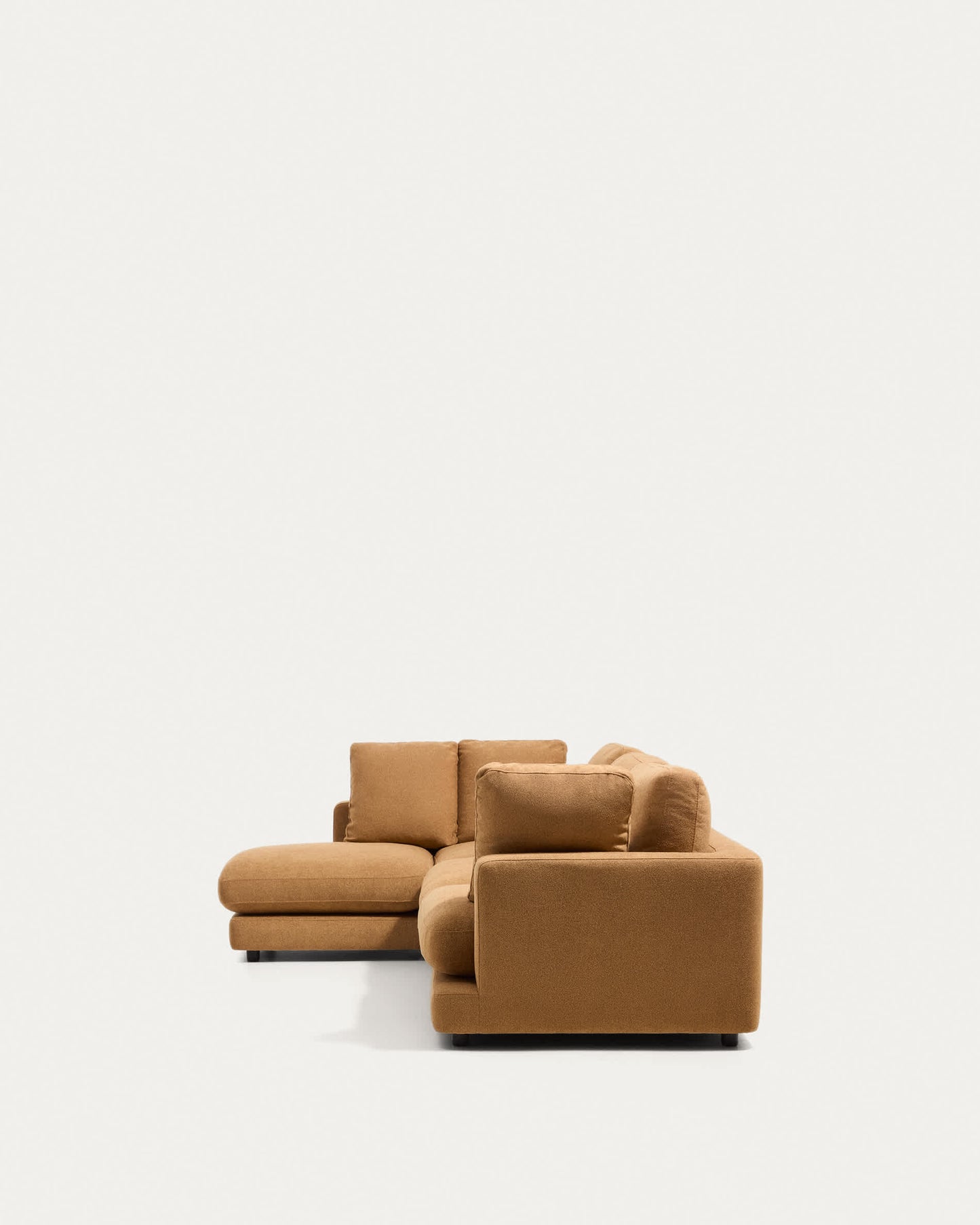 Divano Gala 4 posti in micro bouclé con chaise longue sinistra, color senape FSC Mix Credit 300 cm