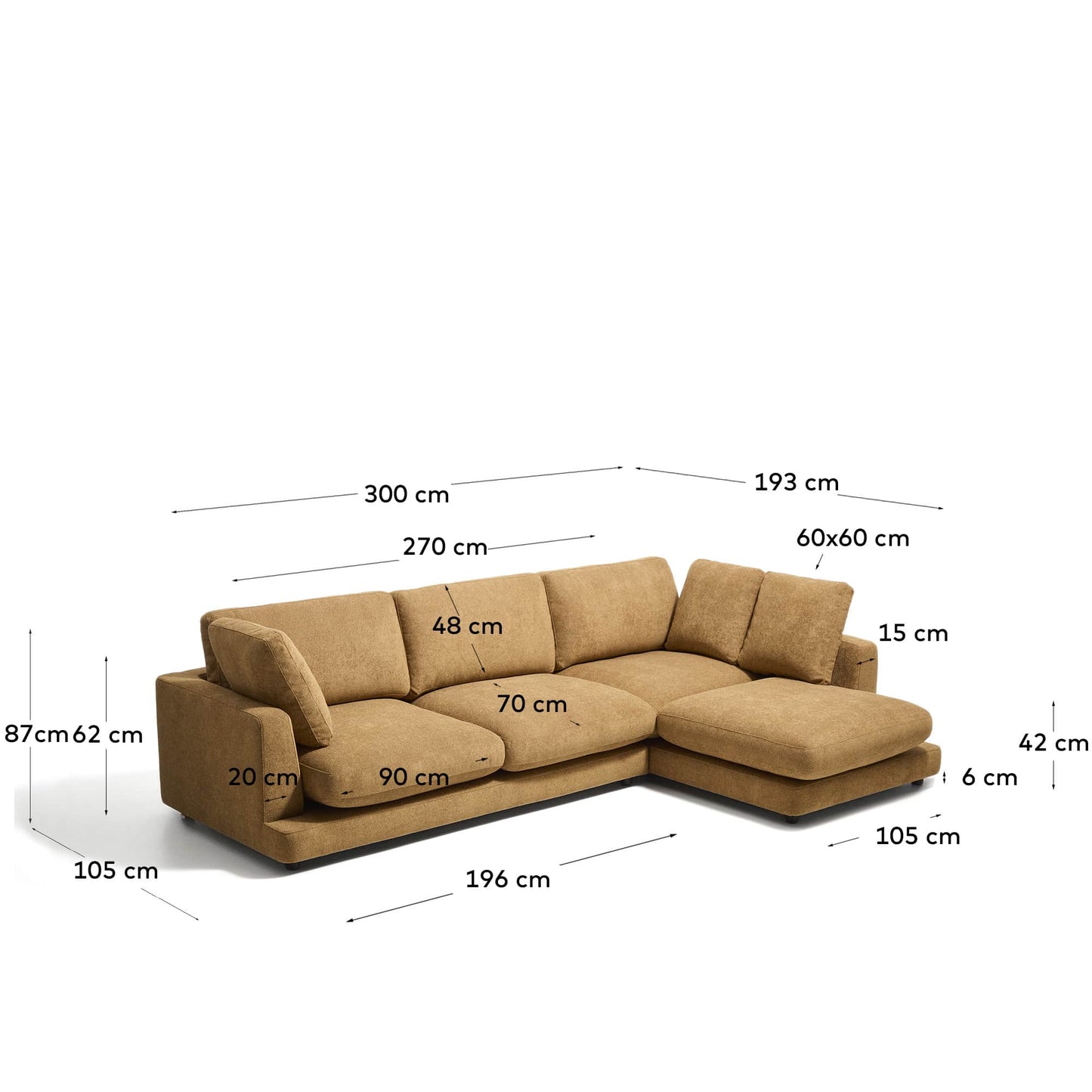 Divano Gala 4 posti in micro bouclé con chaise longue destra, color senape FSC Mix Credit 300 cm