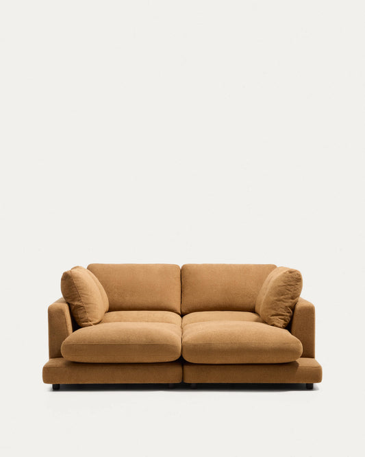 Divano Gala 3 posti in micro bouclé con chaise longue doppia color senape FSC Mix Credit, 210 cm