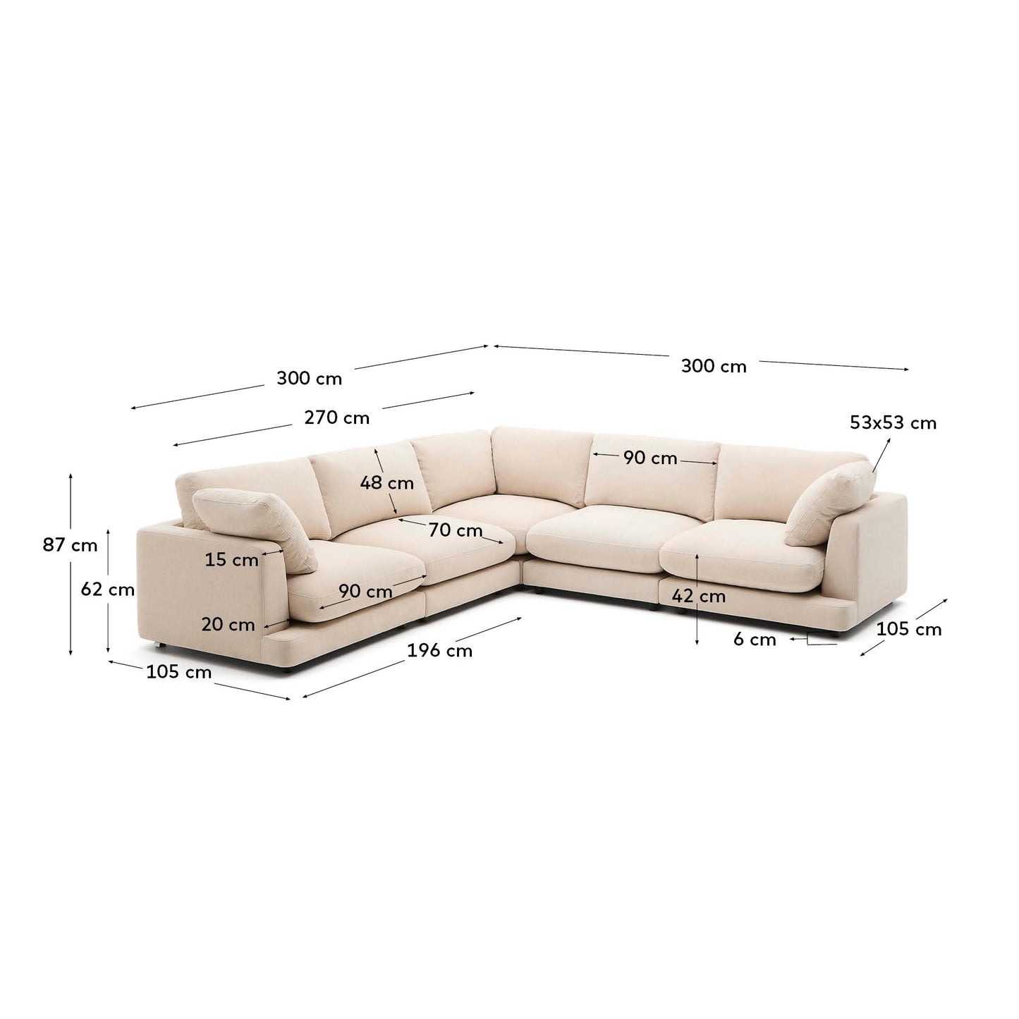 Divano ad angolo Gala 6 posti in ciniglia beige 300 x 300 cm