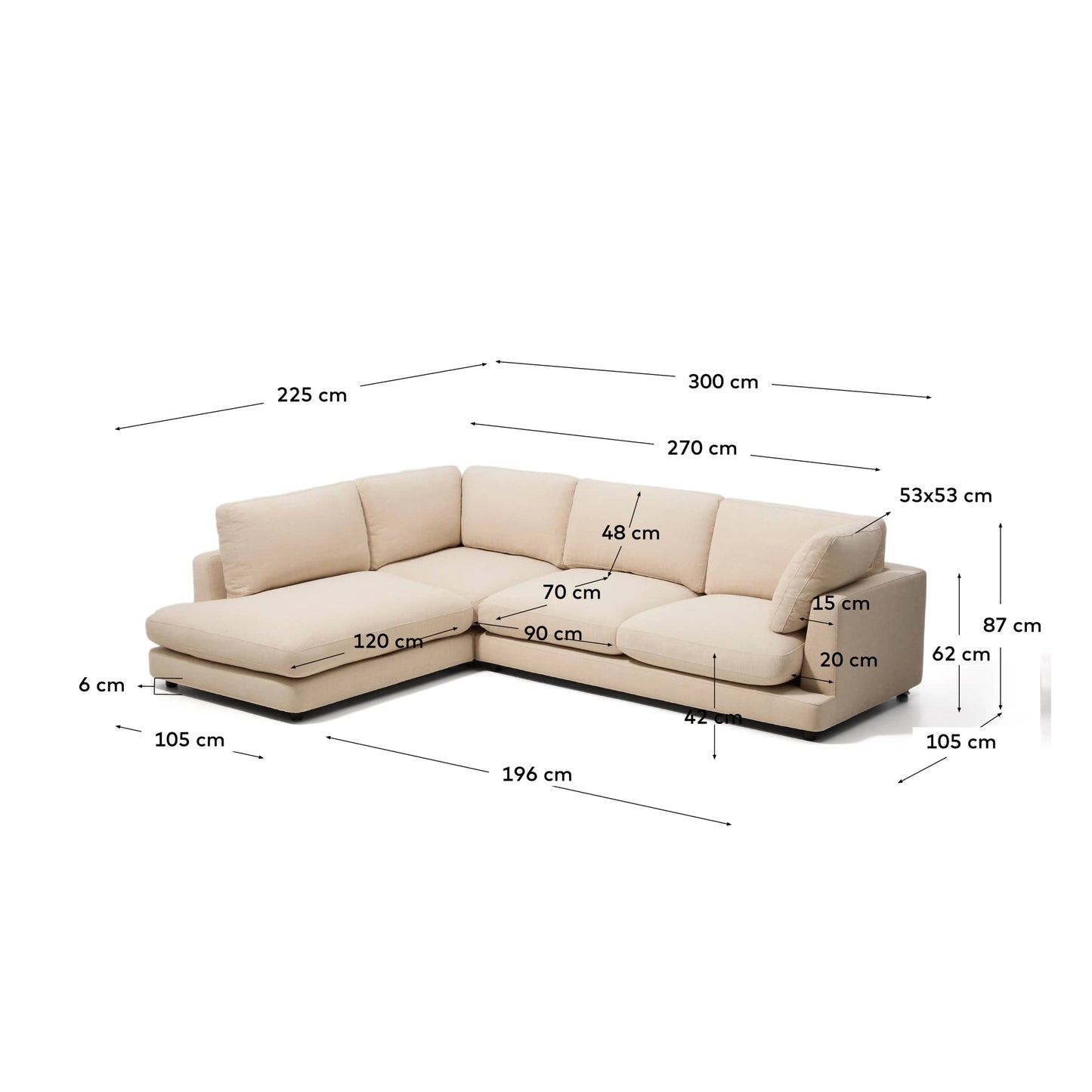 Divano ad angolo Gala 5 posti con estremità sinistra, in ciniglia beige FSC Mix Credit, 225 x 300 cm