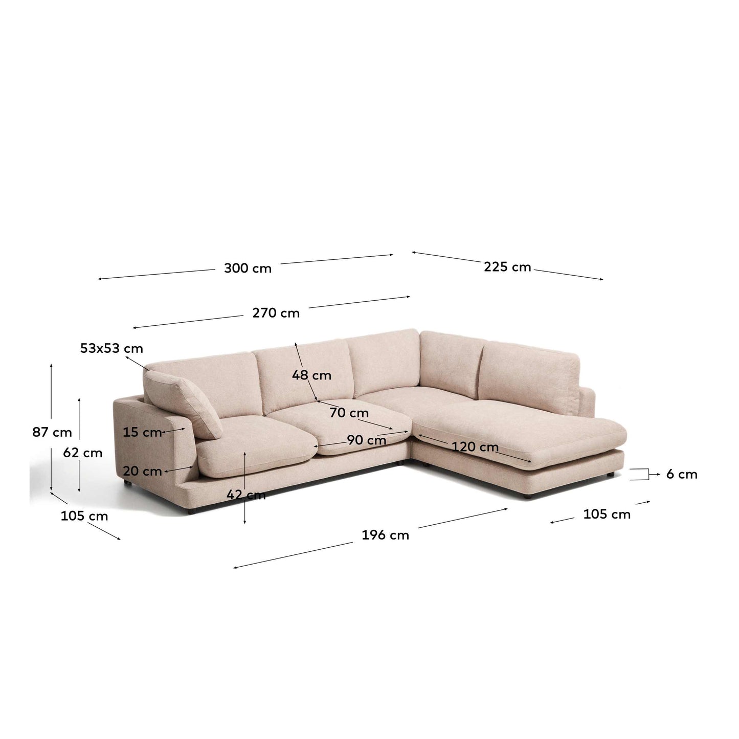 Divano ad angolo Gala 5 posti con estremità destra, in micro bouclé beige FSC Mix Credit, 300 x 225 cm