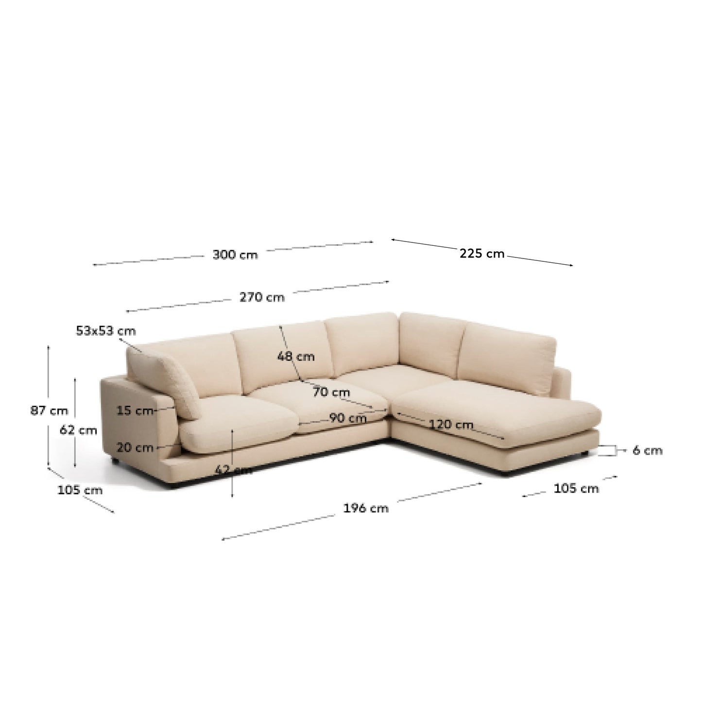 Divano ad angolo Gala 5 posti con estremità destra, in ciniglia beige FSC Mix Credit, 300 x 225 cm