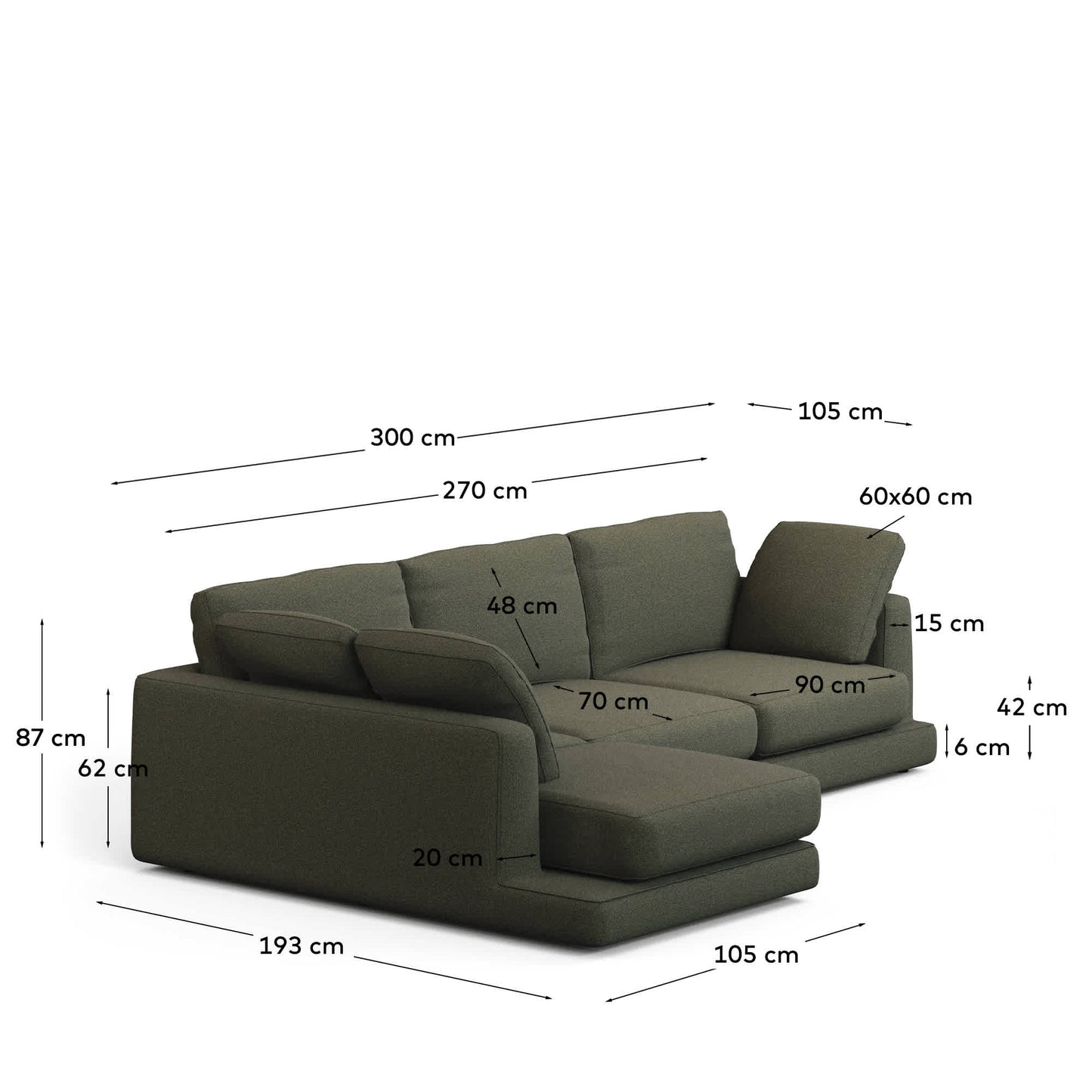 Divano Gala 4 posti con chaise longue sinistra in ciniglia verde scuro FSC Mix Credit 300 cm