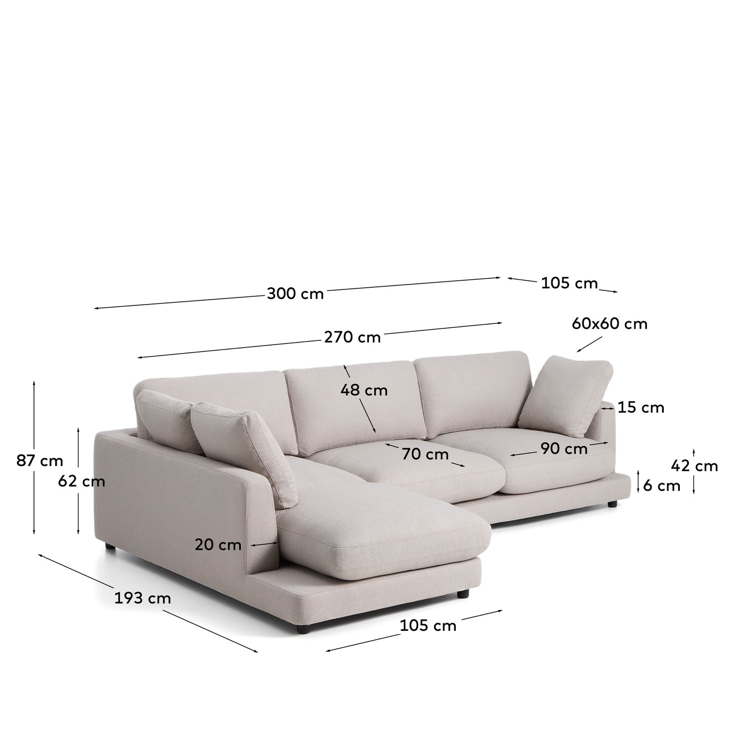 Divano Gala 4 posti in micro bouclé grigio con chaise longue sinistra 300 cm