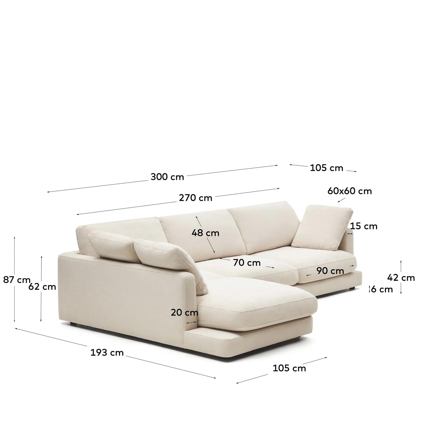 Divano Gala 4 posti con chaise longue sinistra beige 300 cm