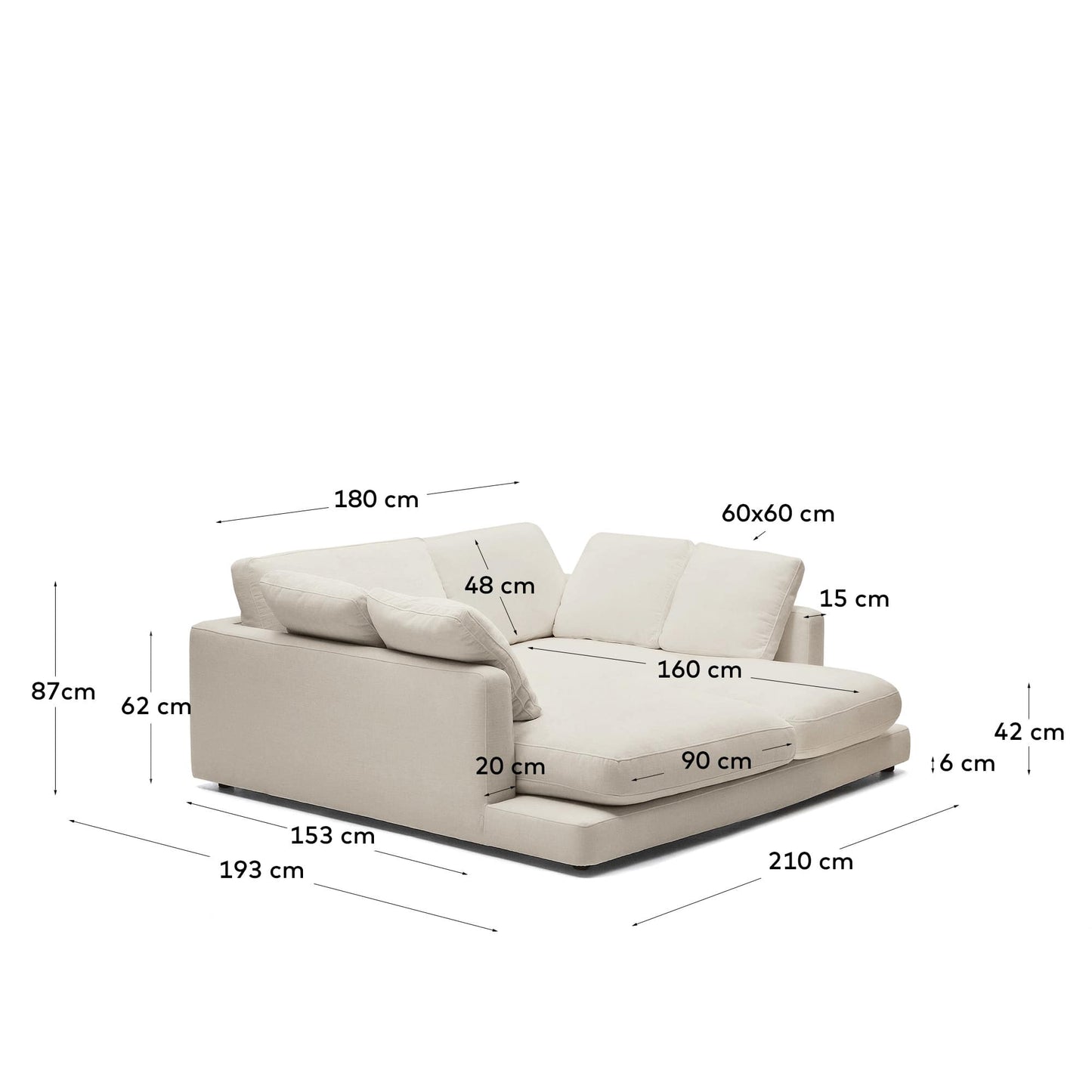 Divano Gala 3 posti con doppia chaise longue beige 210 cm