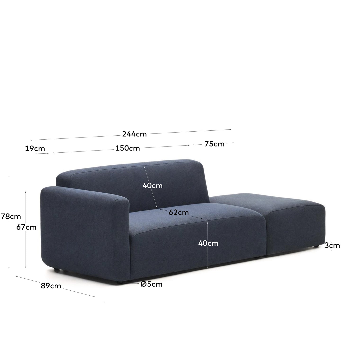 Divano modulare Neom 2 posti blu 244 cm