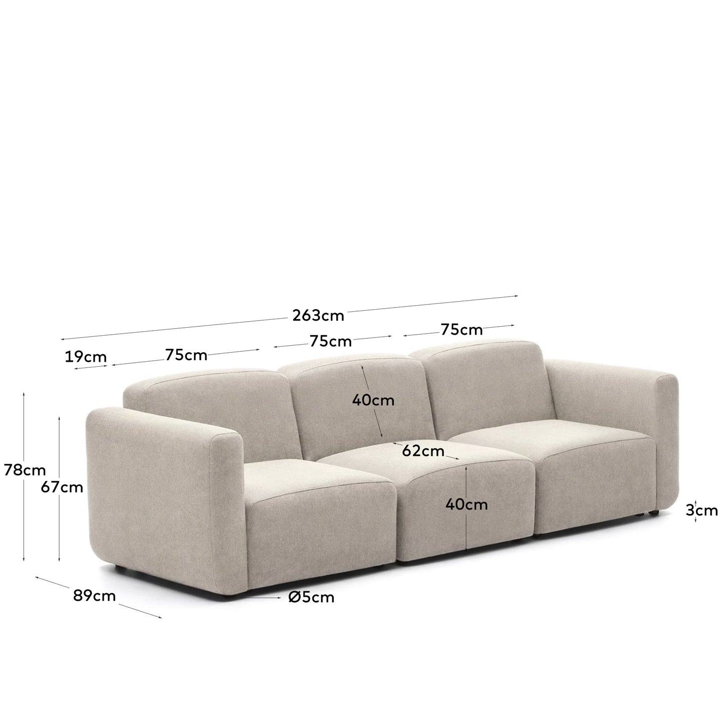 Divano modulare Neom 3 posti beige 263 cm