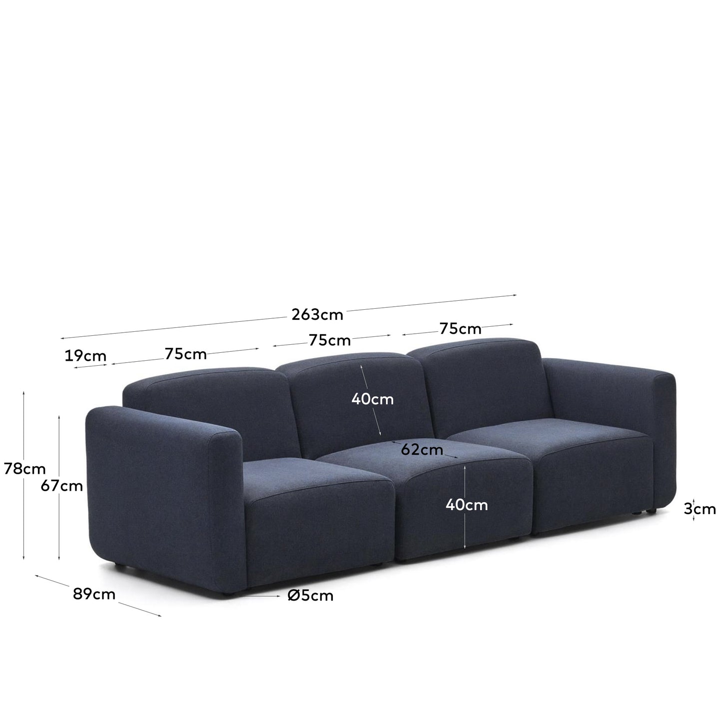 Divano modulare Neom 3 posti blu 263 cm