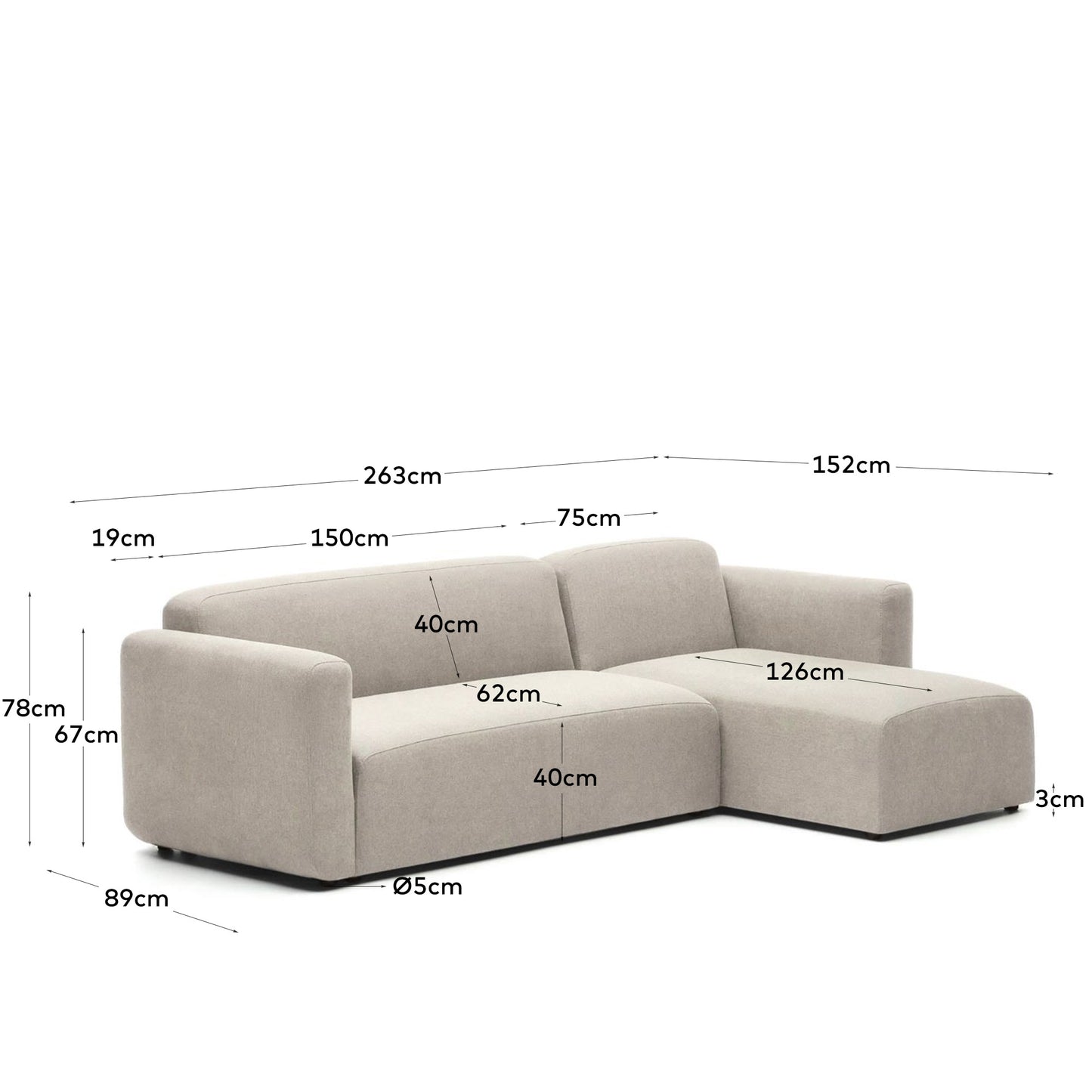 Divano modulare Neom 3 posti chaise longue destra/sinistra beige 263 cm
