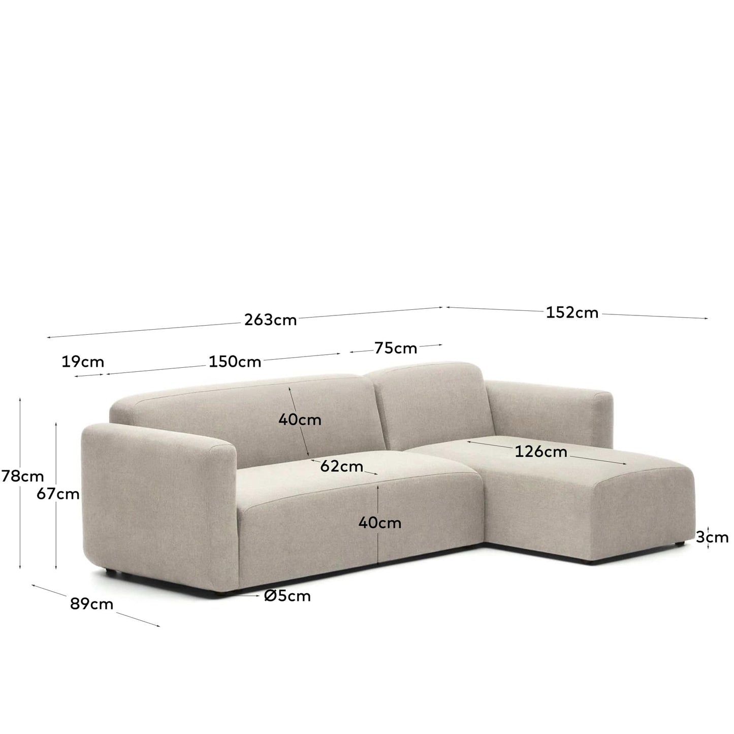 Divano modulare Neom 3 posti chaise longue destra/sinistra beige 263 cm