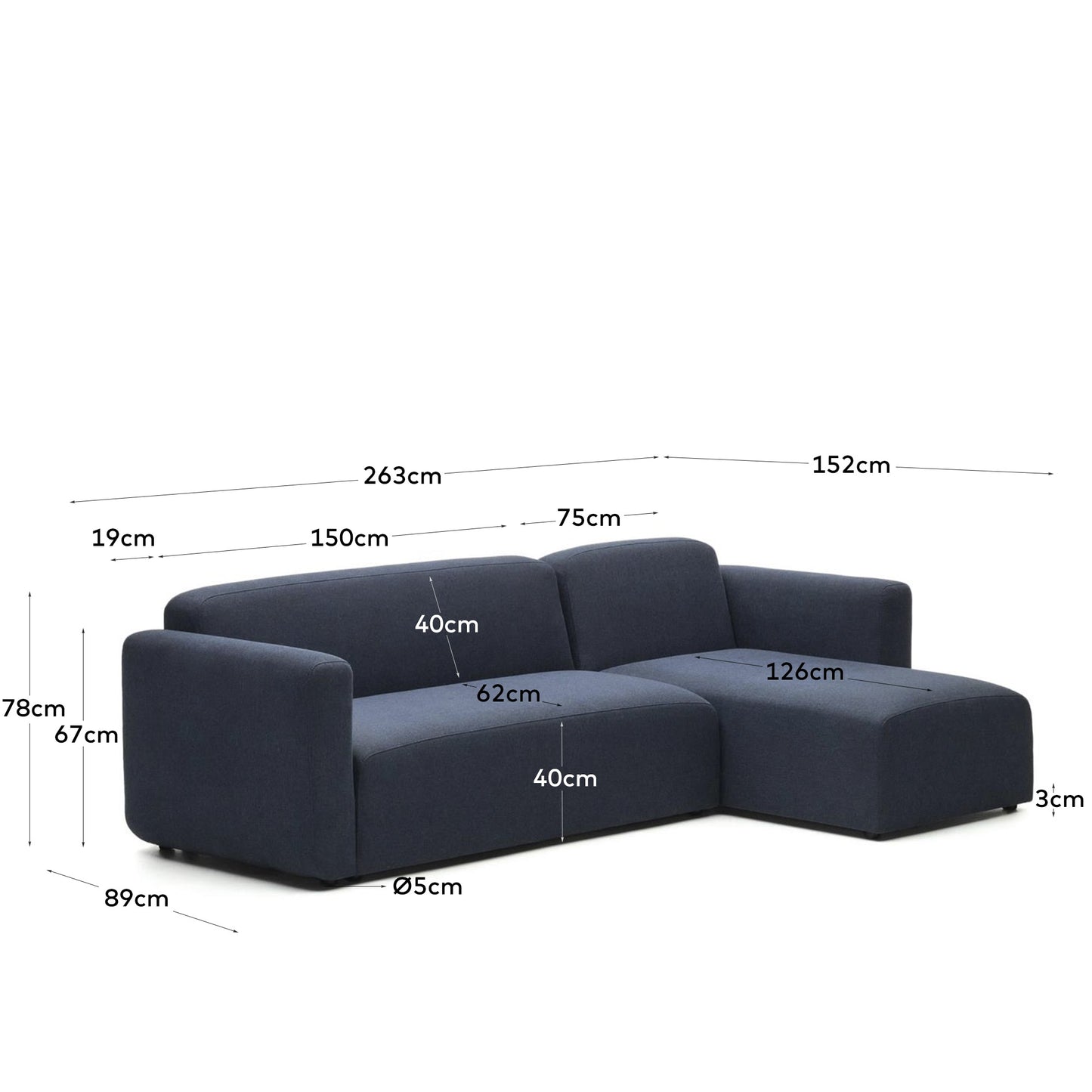 Divano modulare Neom 3 posti chaise longue destra/sinistra blu 263 cm