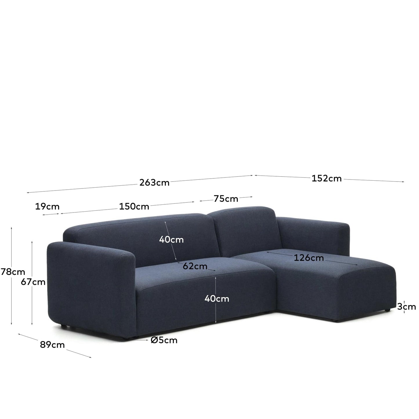 Divano modulare Neom 3 posti chaise longue destra/sinistra blu 263 cm