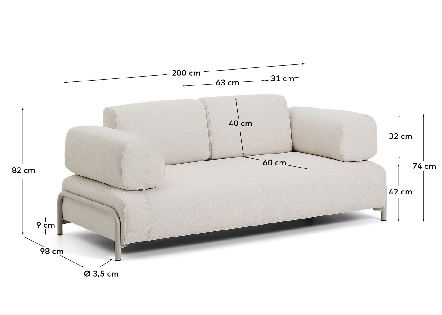 Divano Compo 2 posti in ciniglia écru e struttura in metallo beige 200 cm