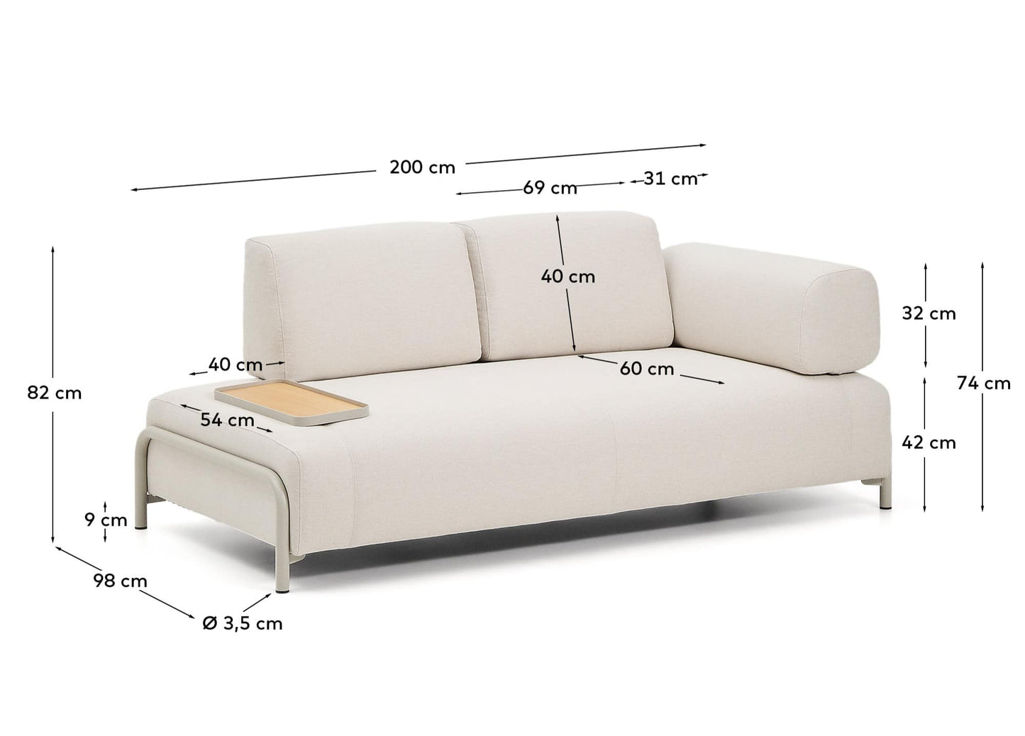 Divano Compo 2 posti in ciniglia écru, vassoio piccolo con impiallacciatura in rovere e struttura in metallo beige 200 cm