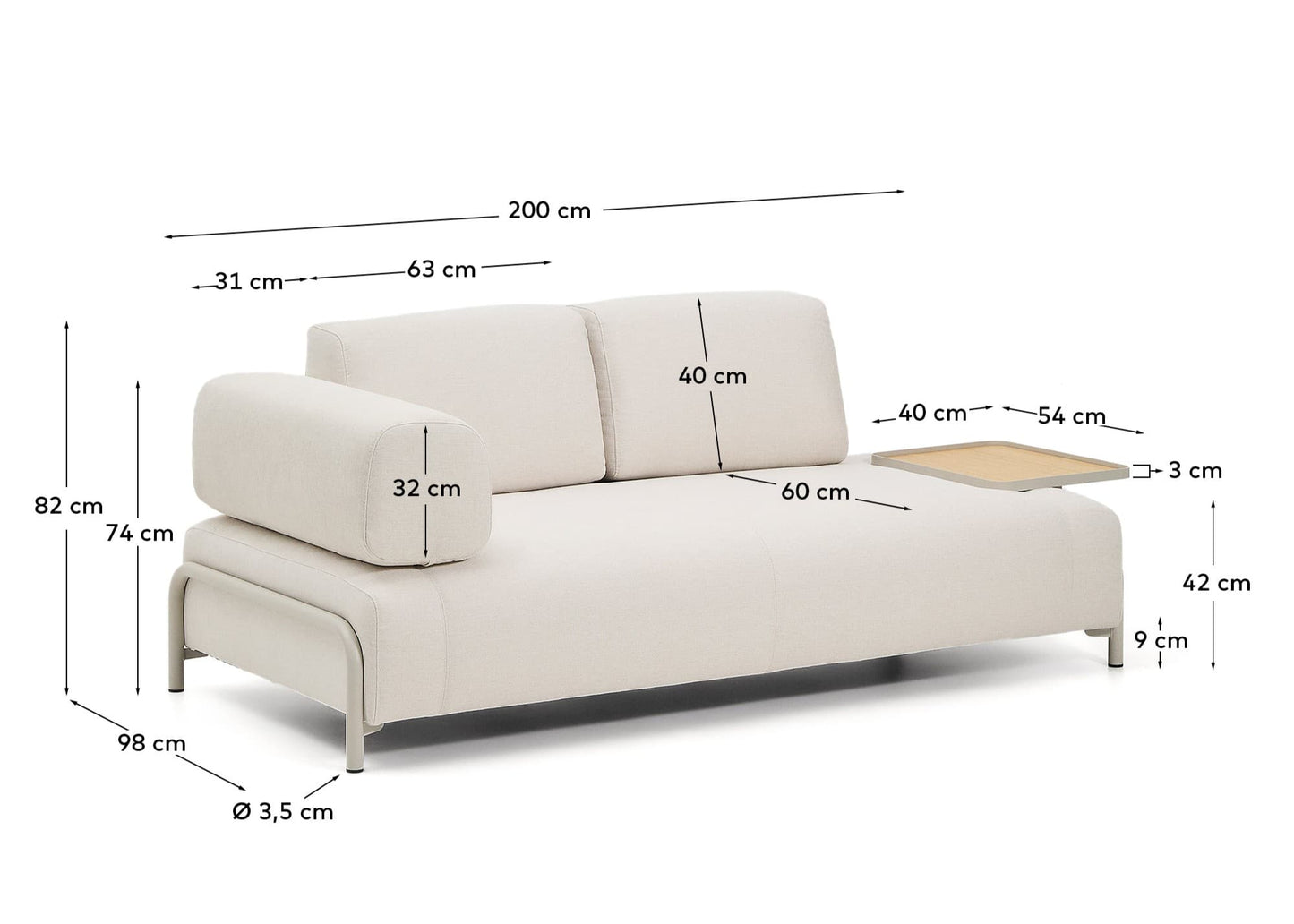 Divano Compo 2 posti in ciniglia écru, vassoio grande con impiallacciatura in rovere e struttura in metallo beige 200 cm