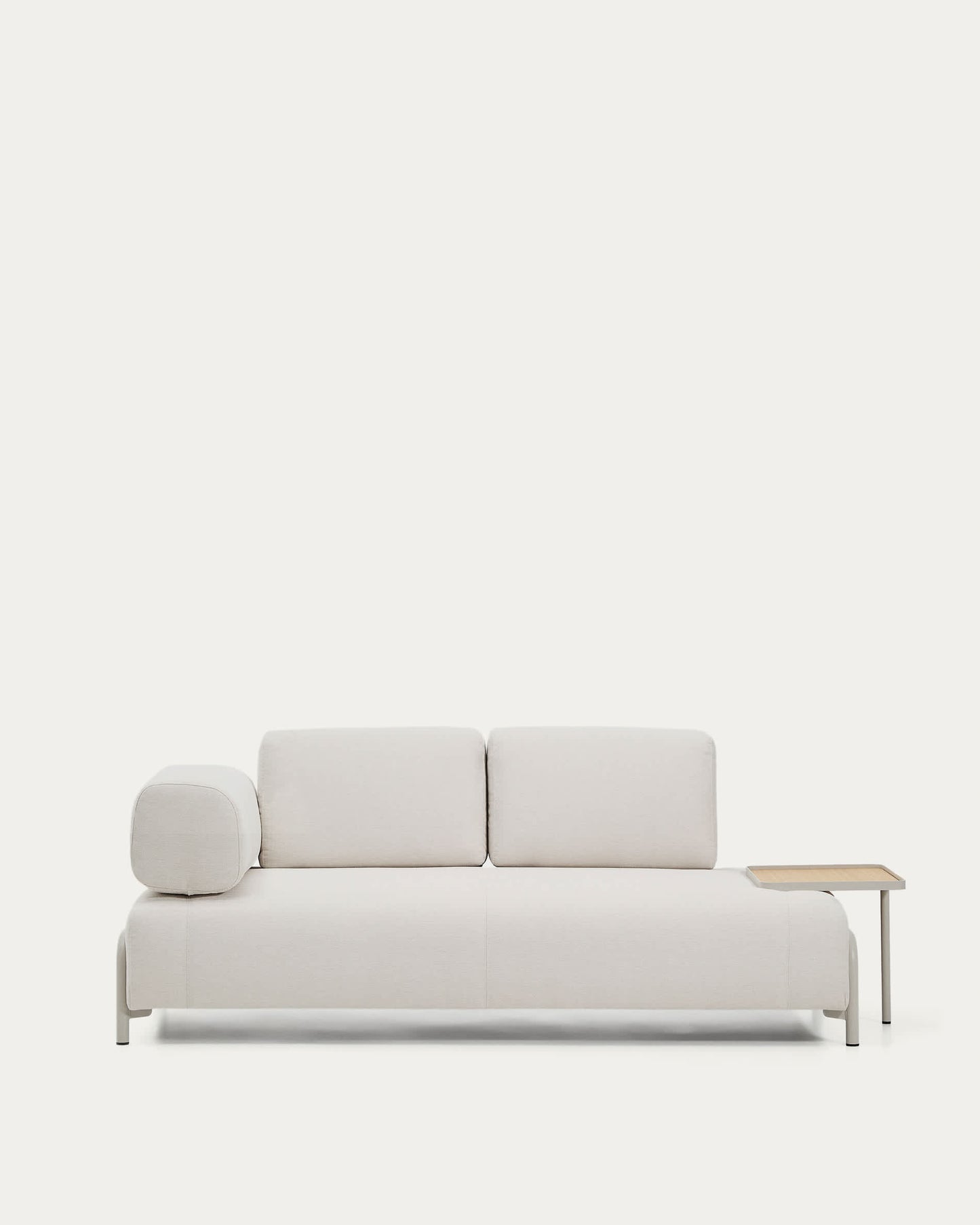 Divano Compo 2 posti in ciniglia écru, vassoio grande con impiallacciatura in rovere e struttura in metallo beige 200 cm