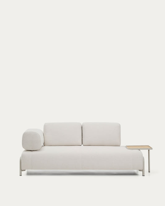 Divano Compo 2 posti in ciniglia écru, vassoio grande con impiallacciatura in rovere e struttura in metallo beige 200 cm
