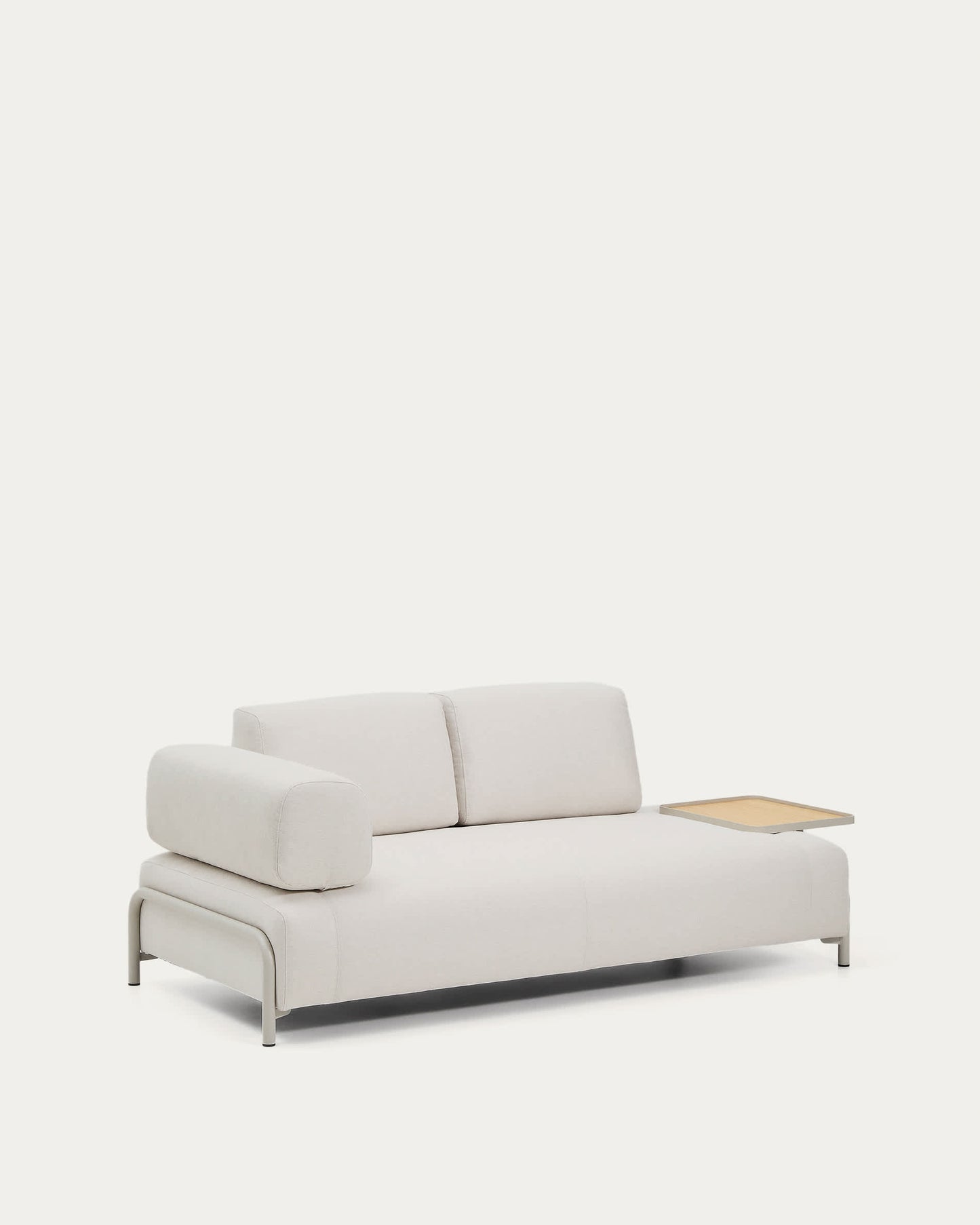 Divano Compo 2 posti in ciniglia écru, vassoio grande con impiallacciatura in rovere e struttura in metallo beige 200 cm