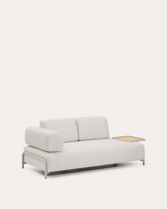 Divano Compo 2 posti in ciniglia écru, vassoio grande con impiallacciatura in rovere e struttura in metallo beige 200 cm