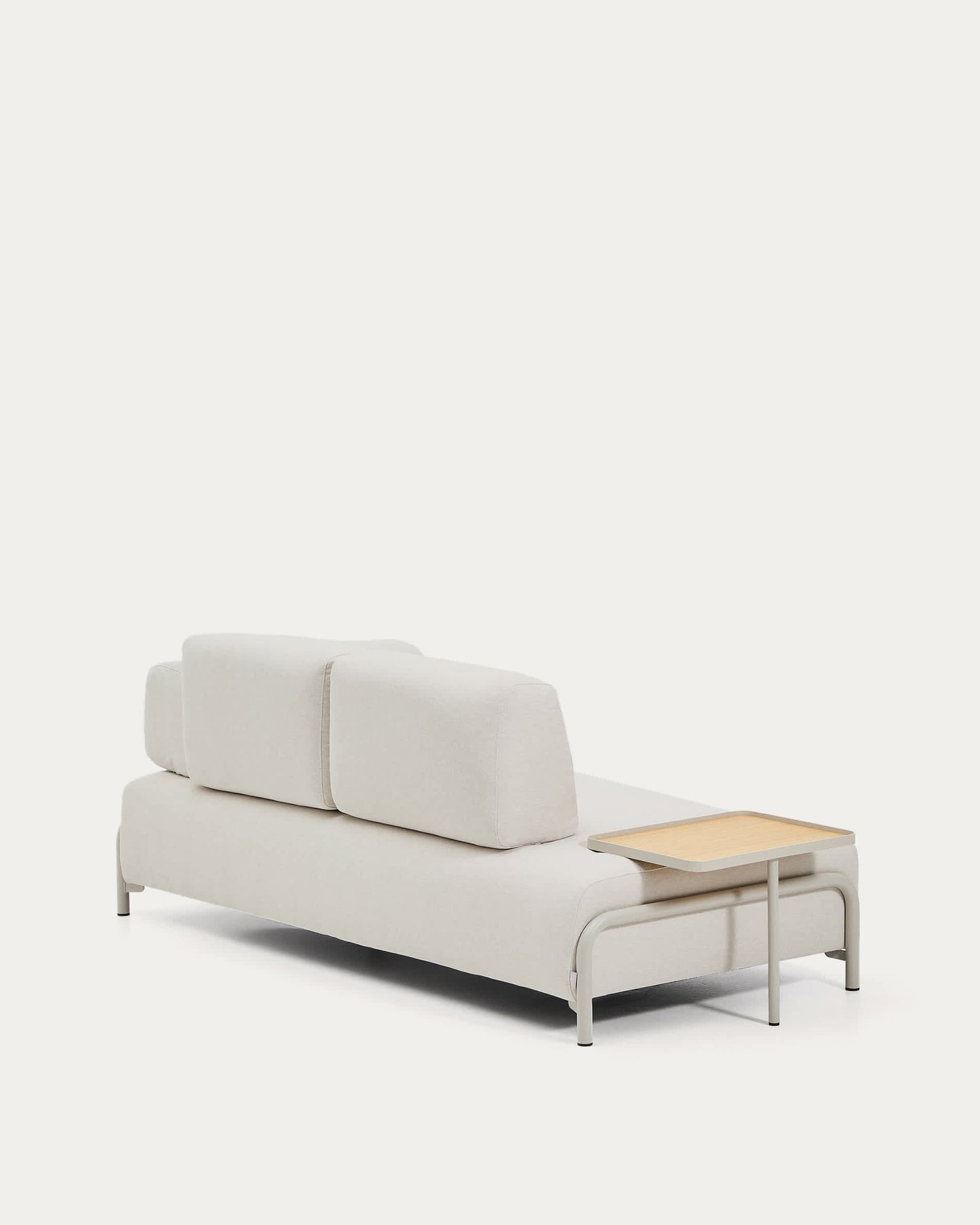 Divano Compo 2 posti in ciniglia écru, vassoio grande con impiallacciatura in rovere e struttura in metallo beige 200 cm