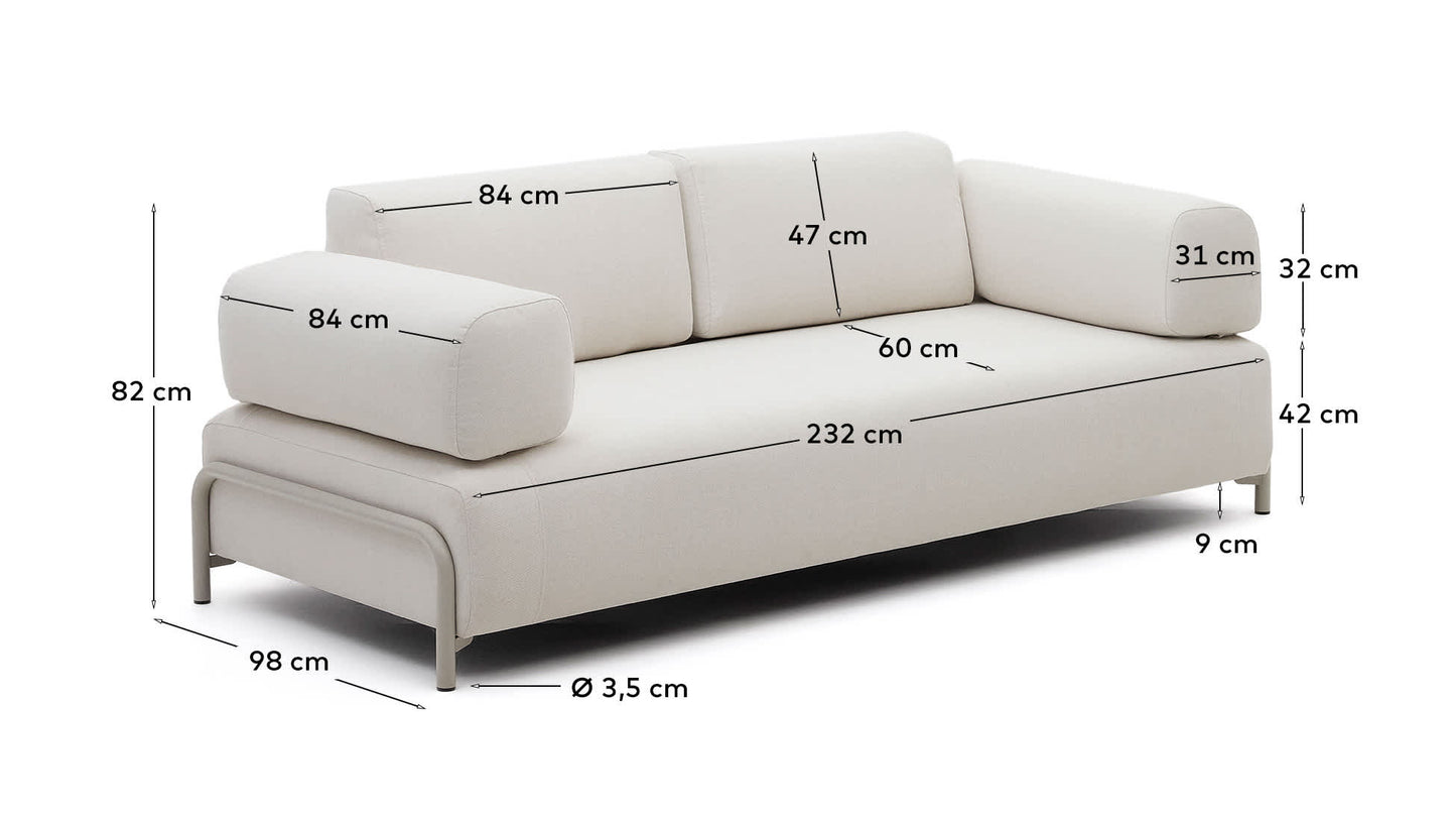Divano Compo 3 posti in ciniglia beige e telaio metallico beige 232 cm