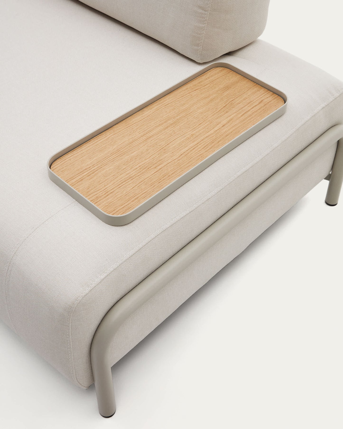 Divano Compo 3 posti ciniglia beige, vassoio piccolo impiallacciatura di rovere e telaio beige 232cm
