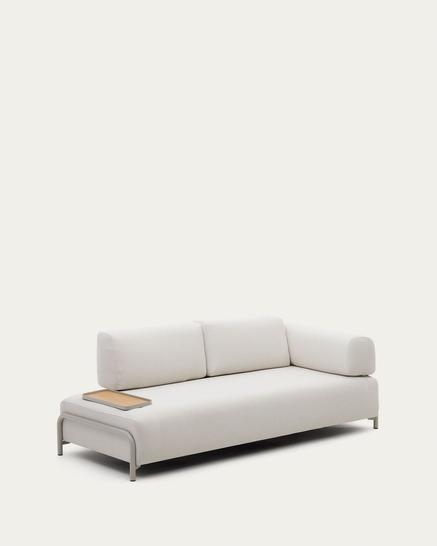 Divano Compo 3 posti ciniglia beige, vassoio piccolo impiallacciatura di rovere e telaio beige 232cm