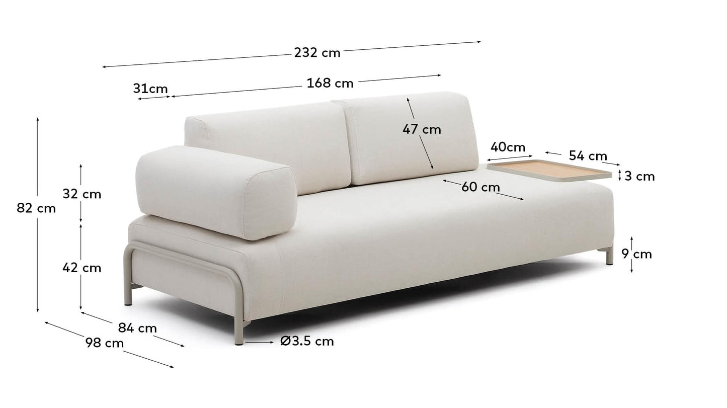 Divano Compo 3 posti ciniglia beige, vassoio grande impiallacciatura di rovere e telaio di metallo beige 232cm