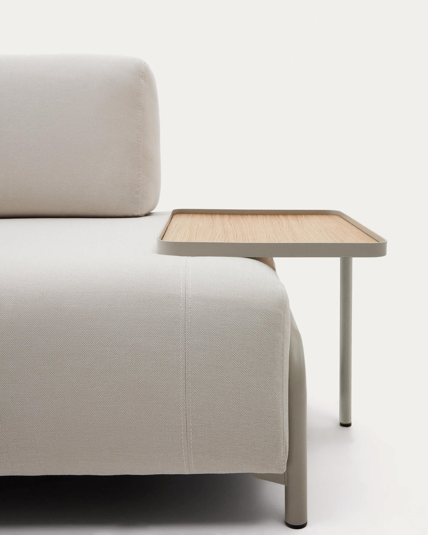 Divano Compo 3 posti ciniglia beige, vassoio grande impiallacciatura di rovere e telaio di metallo beige 232cm
