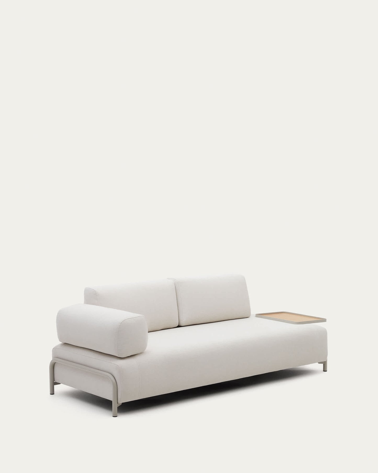 Divano Compo 3 posti ciniglia beige, vassoio grande impiallacciatura di rovere e telaio di metallo beige 232cm