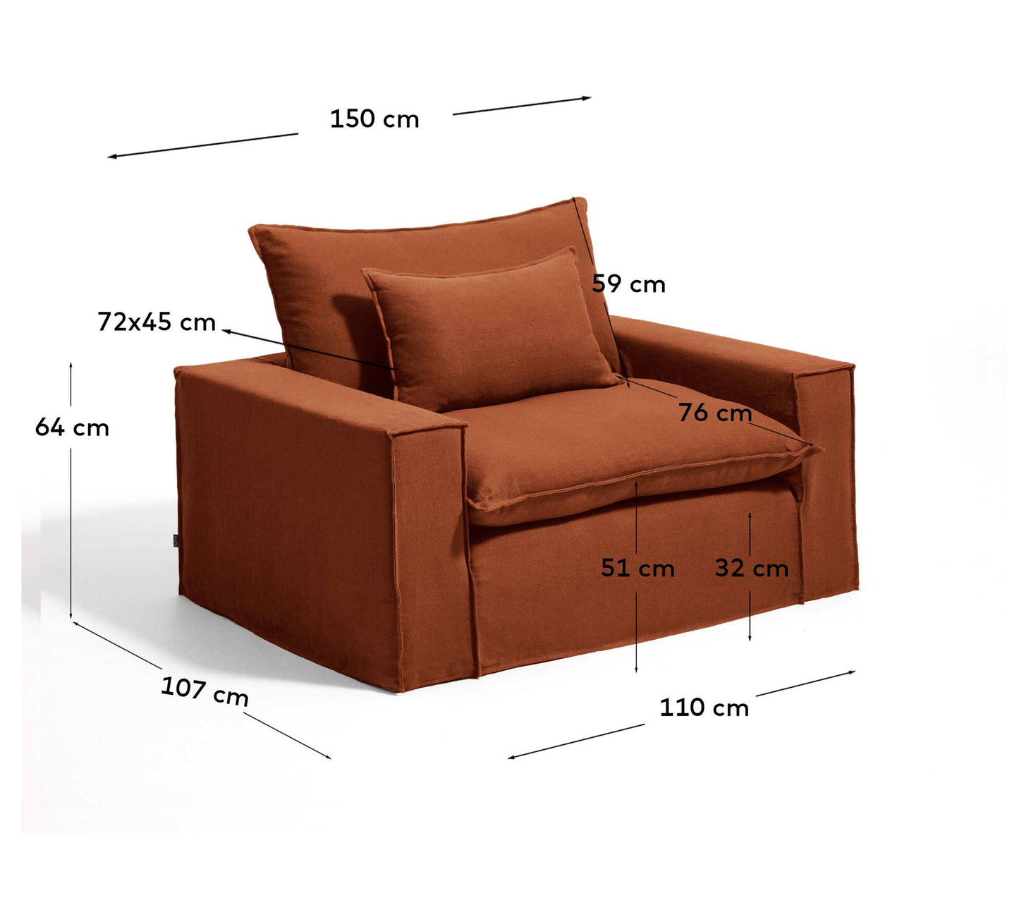 Poltrona sfoderabile Anarela in 100% lino terracotta 150 cm FSC Mix Credit