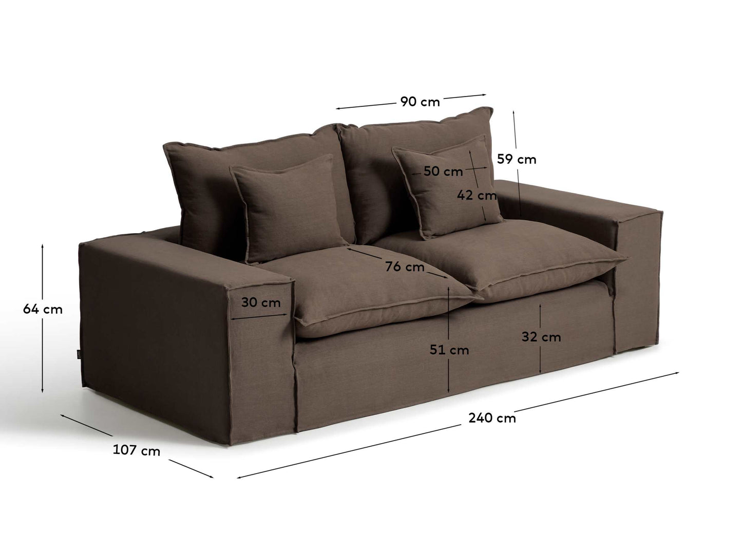 Divano sfoderabile Anarela 2 posti in 100% lino tortora 240 cm FSC Mix Credit