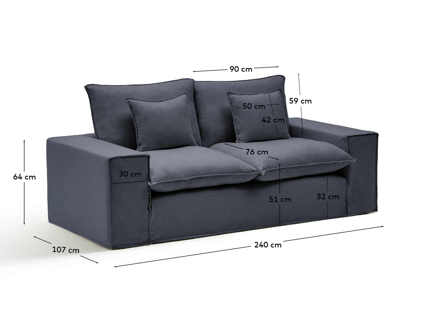 Divano sfoderabile Anarela 2 posti in lino e viscosa grigio scuro 240 cm FSC Mix Credit